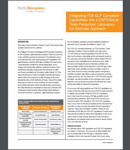 Integrating FDA GLP Compliant Capabilities into a CAP/Clinical Trials Production Laboratory: An Alternate Approach